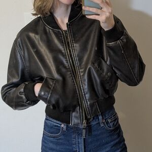 NWT American Eagle Outfitters Cropped Bomber Jacket Brown Faux Leather Small